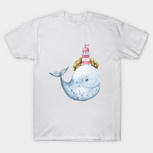 Watercolor whale with lighthouse painting T-Shirt